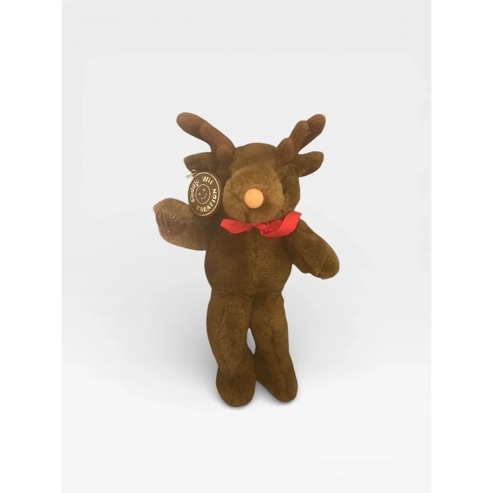 Vintage 1989 Cuddle Wit‎ Brown Plush Reindeer With Red Bow